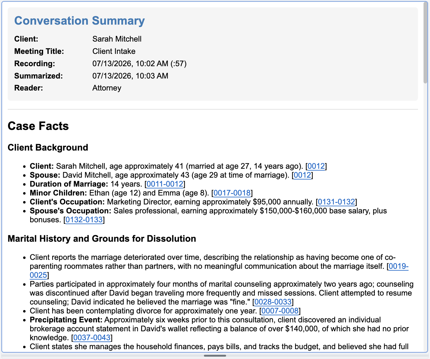 Attorney case notes: clinical third-person summary with case facts, client background, grounds for dissolution, and timestamp links into the transcript.